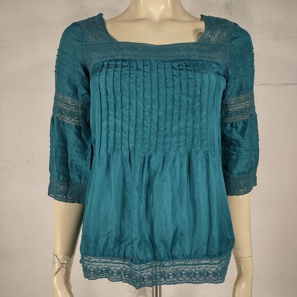 Sundance Emerald green 100% silk square leck lacy blouse top ladies Small Petite - Picture 1 of 6
